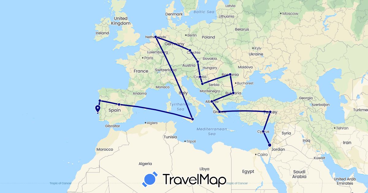 TravelMap itinerary: driving in Albania, Bosnia and Herzegovina, Bulgaria, Cyprus, Spain, Greece, Croatia, Israel, Italy, Netherlands, Portugal, Romania, Turkey (Asia, Europe)
