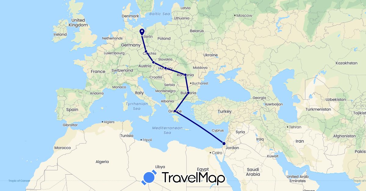 TravelMap itinerary: driving in Austria, Bulgaria, Czech Republic, Germany, Greece, Hungary, Israel, Romania (Asia, Europe)