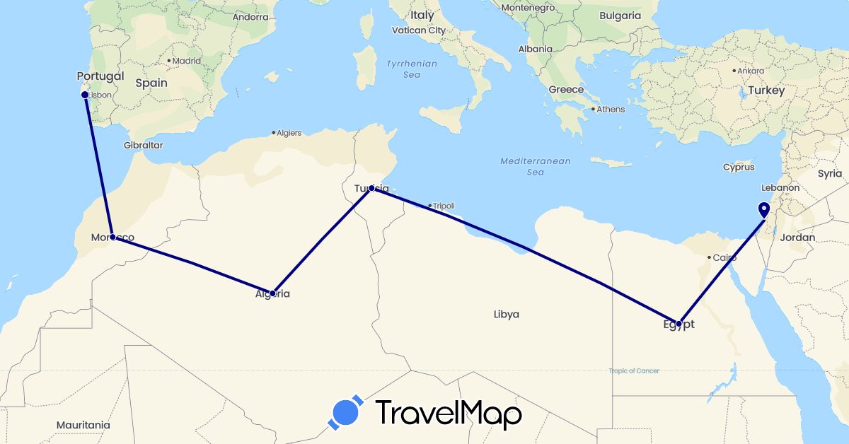 TravelMap itinerary: driving in Algeria, Egypt, Israel, Morocco, Portugal, Tunisia (Africa, Asia, Europe)